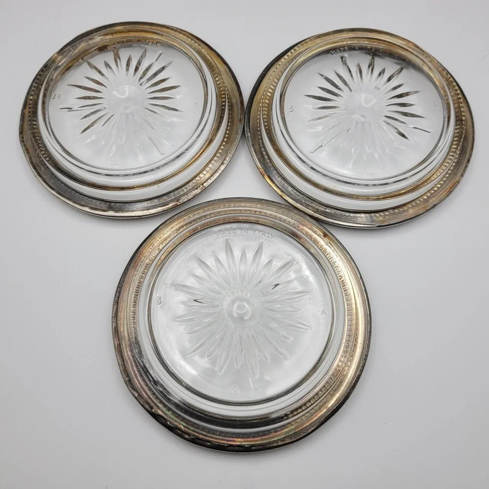 Leonard Silverplate Glass Coasters Set of 3 Made in Italy Sunburst Beaded Rim